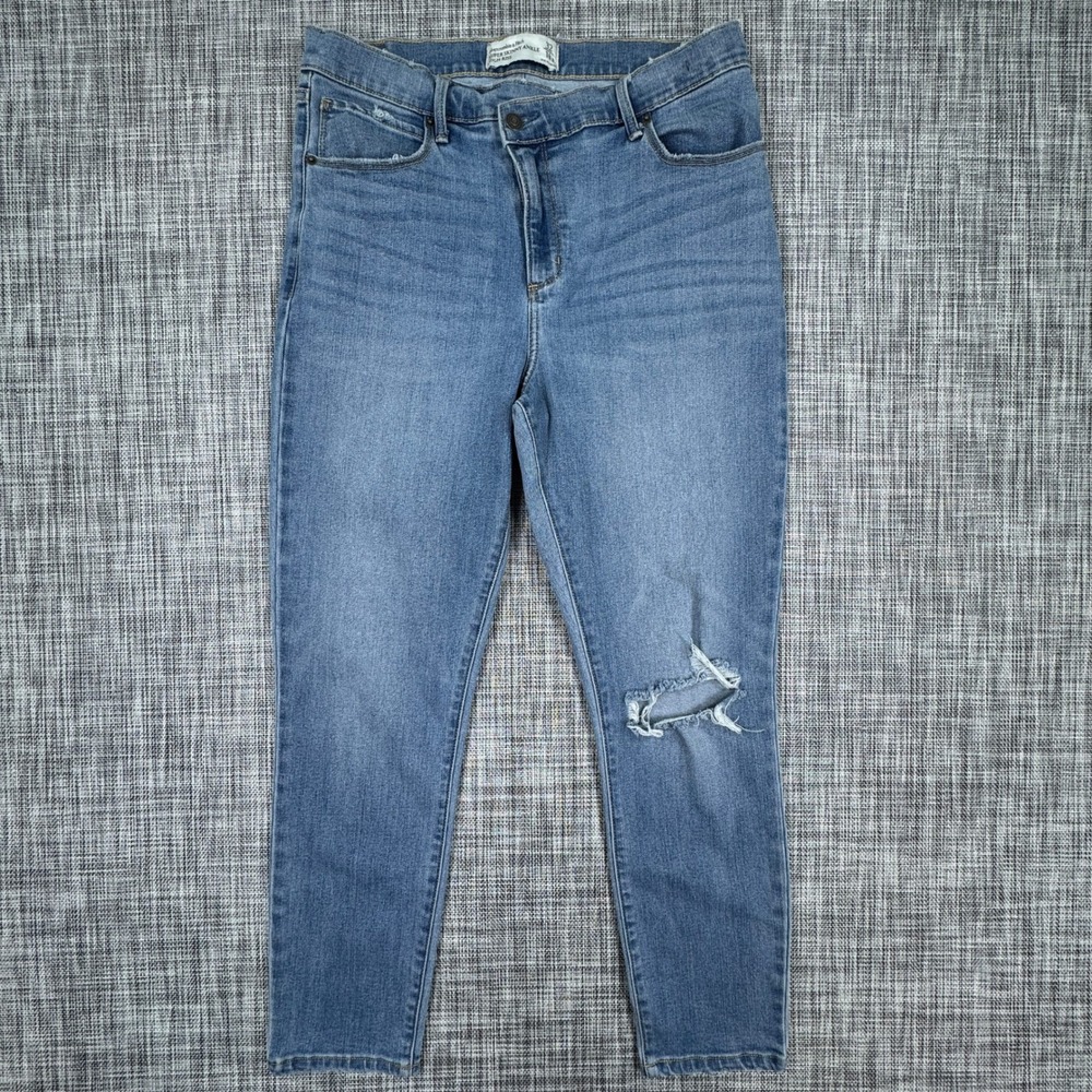 Abercrombie Fitch Jeans Womens 32 14R Super Skinny Ankle High Rise Blue Ripped